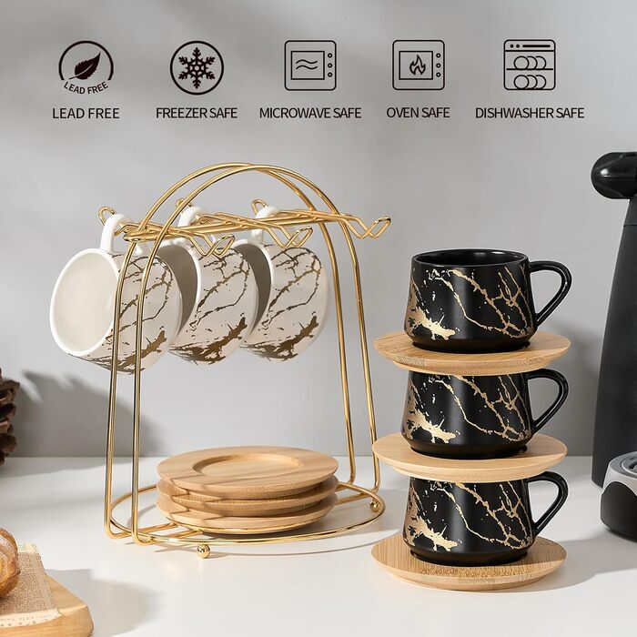 Керамічні чашки для кави та чаю з дерев'яними підставками та металевим стійком (6 шт., 130 мл) - Elegantes Option 2