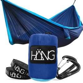 Гамак HÄNG XXL 300x170 см для 2 осіб - вуличний, водостійкий, ультралегкий (850г), навантаження 200 кг. З парашутної тканини для кемпінгу, подорожей та саду + комплект кріплень (Navy & Blue)
