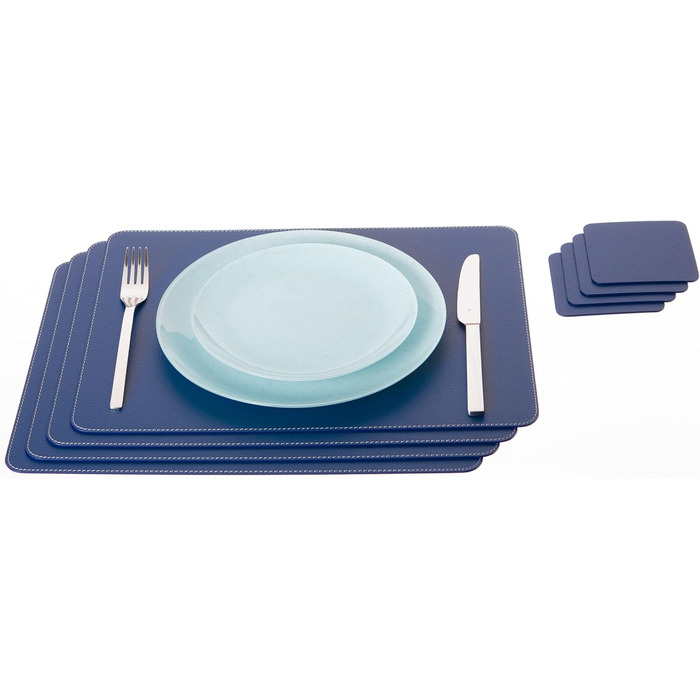 Placemats and Coasters (Set of 4) made from recycled leather, 4 placemats and 4 coasters, table mats, placemats 40 x 30 cm and coasters 10 x 10 cm (40 x 30 cm, Blue)