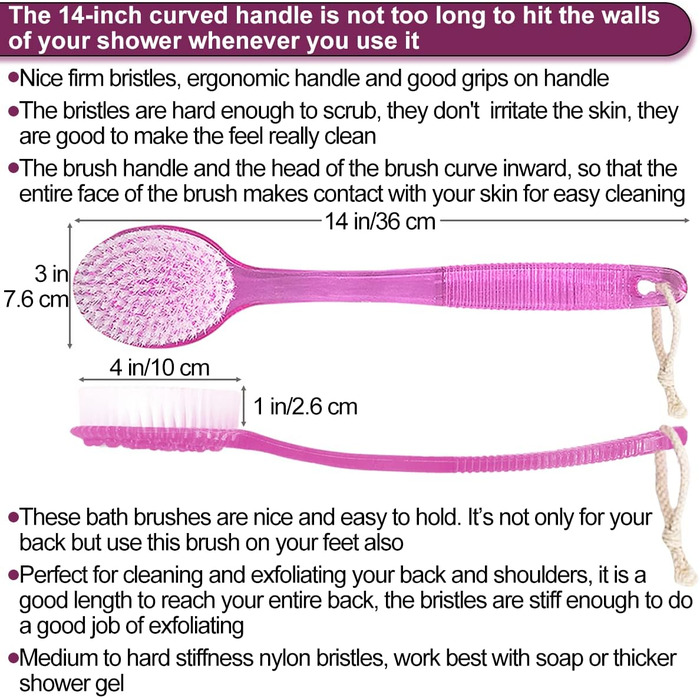 Back Scrub Brush – Curved shower brush with a long handle and medium-stiff bristles for cleaning and exfoliating the body, back scrubber for men and women (black + pink, 2)