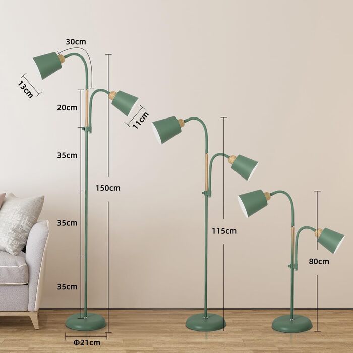 Стійка лампа ANTENLICHT YOYO з двома висувними лампами | 2xE27, 60W | 360° регулювання | Вінтажний дизайн, метал | 159 см, зелений | Без лампочки