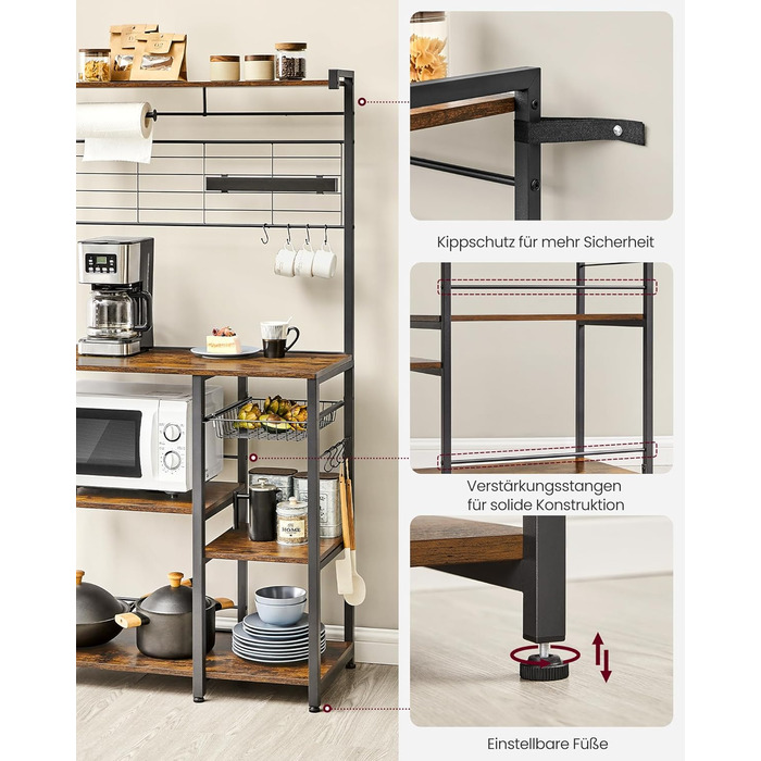 Стелаж кухонний VASAGLE KKS026B01, вінтажний, з магнітною смугою для ножів, кошиком та тримачем для рушників