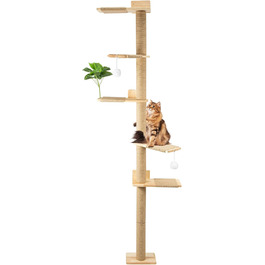 Кігтеточка-стійка для котів 206 см з натурального каучукового дерева, 5 ярусів, настінна, з широкою основою, плюшевими кульками, 360° обертання, XXL кігтеточка для котів для лазіння та дряпання