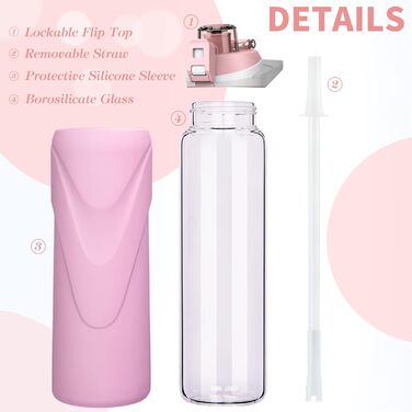 1 liter / 1l Drinking Bottle Glass with Straw BPA-Free Glass Bottle with Silicone Sleeve Borosilicate Glass Water Bottle (Pastel Pink)