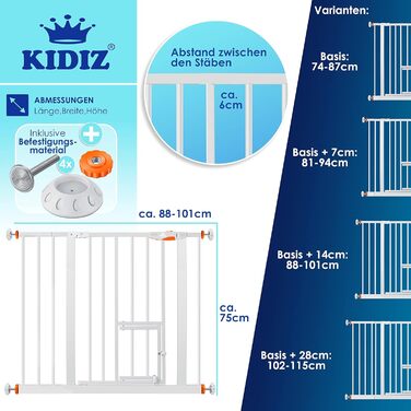 Захисне ворота KIDIZ для котів з люком, без свердління, для дітей, біле | 90° фіксація, поворотне, ширина: 88-101 см, помаранчевий