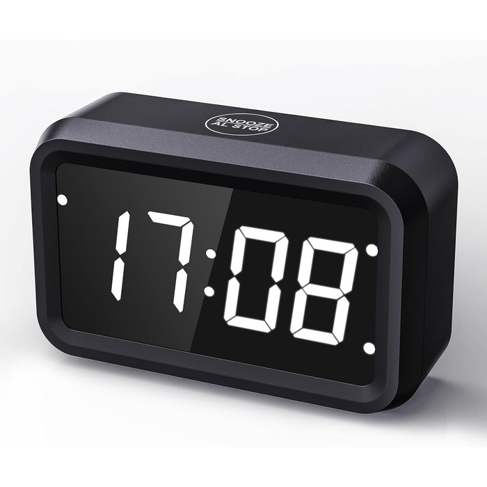 KWANWA Alarm Clock Digital, No Ticking, Battery-Powered Digital Alarm Clock, LCD or LED Display, Snooze Duration, Adjustable Brightness for Deep Sleepers, Children, Adults (Black - White LED)