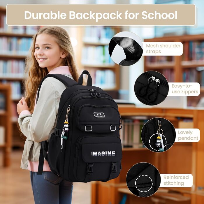 Шкільний рюкзак Tanou для дівчаток-підлітків, велика місткість, водонепроникний, чорний, 9573#