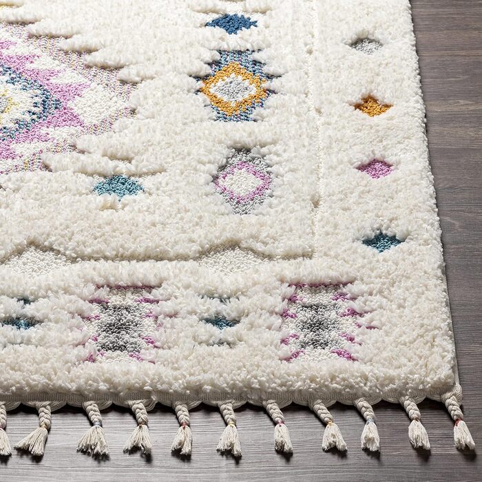 Surya Suva Rug Bedroom, Living Room, Dining Room, Hallway - Modern Boho Rug Geometric Pattern - Soft Scandinavian Living Room Rug Blue, Lavender, Orange, White - 160x213cm Large Lavender, Blue, Yellow