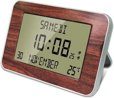 FISHTEC Radio Clock Alarm Clock with Calendar – Large Display, Date, Day, Time, Temperature, 2 Alarms, Wall Mounting or Stand – Wood-Look Finish, 24 x 14 cm