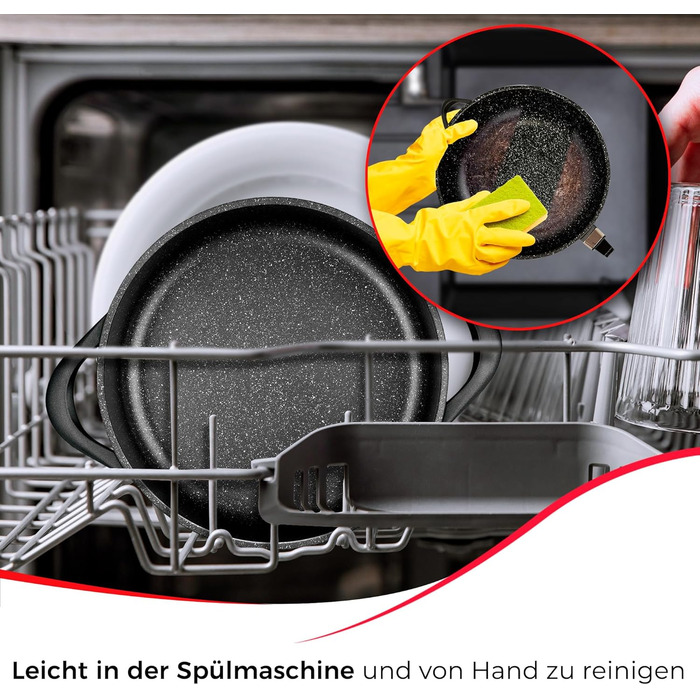 Набір посуду Induktion BRIEBЕ 12-ти частинний: 4 казани з алюмінію, 2 сковорідки з антипригарним покриттям ILAG GRANITEC (без PFOA), кришки зі скла, рукавички з силікону. Підходить для індукційних, газових плит та духовки.