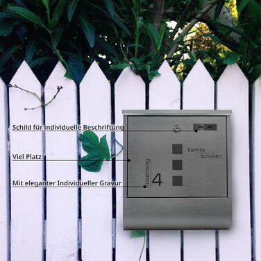 Поштовий ящик Grafner з нержавіючої сталі, персоналізований, з газетницею та 2 ключами. Гравіювання імені, вулиці та номера будинку. Комплект для монтажу входить.