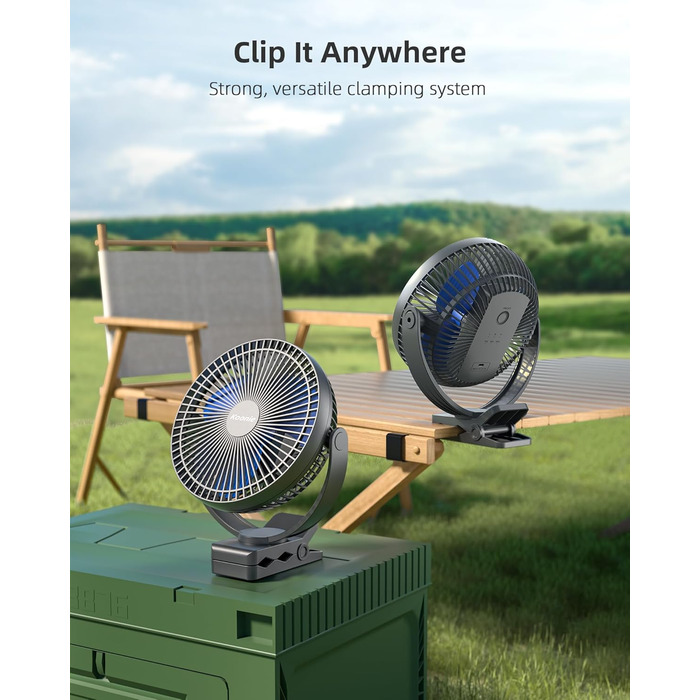 Вентилятор Koonie 10000 mAh з кліпсою, 20 см, портативний USB, акумуляторний, 4 швидкості, 360° оберт, тихий, для дому, офісу, дитячої коляски, кемпінгу, гроу-тента (блакитний)
