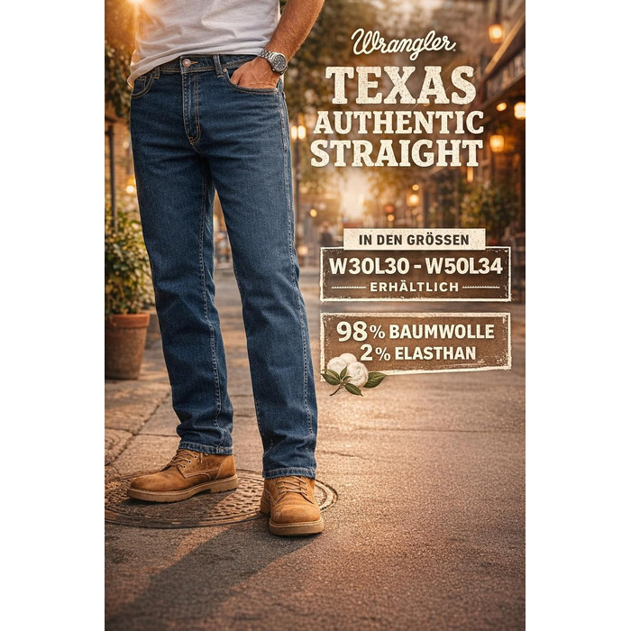 Джинси чоловічі Wrangler Texas Stretch Regular Fit, Authentic Straight, бавовна, чорний/синій/сірий, розміри W28-W44/L32