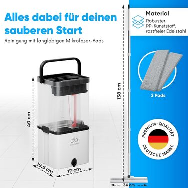Набір для миття підлоги Wischmopp з відром – моп з 2-камерною системою та функцією відкачування – гігієнічний набір для прибирання – 2,5 л – білий