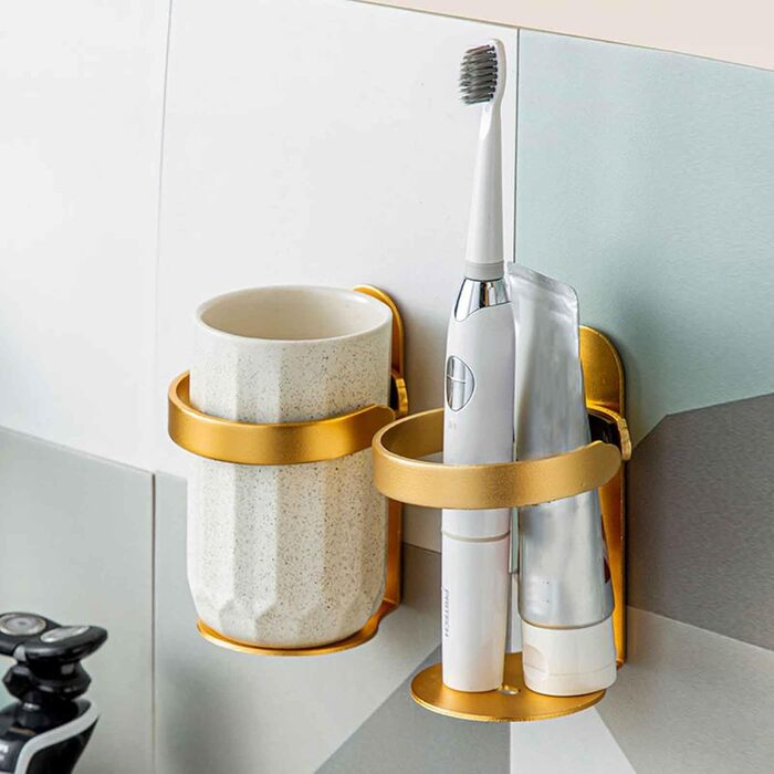 Wall-Mounted Toothbrush Holder No Drilling - Toothbrush Holder, Toothbrush Holder Bracket, Toothbrush Cup Holder, Self-Adhesive, Travel, Aluminum, Bathroom Mounted (Gold, 9.2x7x12.5cm)