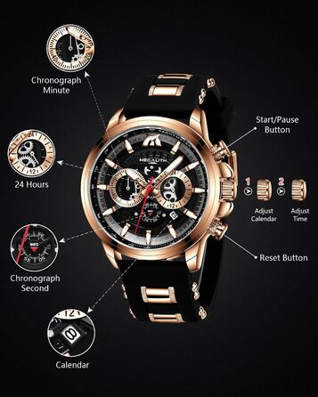 Чоловічий годинник MEGALITH Chronograph: аналоговий водонепроникний годинник з датою та світловим покриттям. Великий кварцовий годинник - ідеальний подарунок для спортивних чоловіків (A1-чорний)