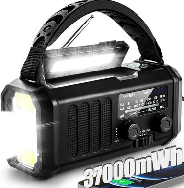 Радіо на ручку з LED-ліхтариком, сонячне, AM/FM, для надзвичайних ситуацій, кемпінгу, чорне