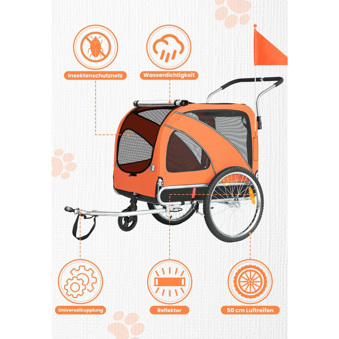 SEPNINE® Велосипедна причепа для собак XL, 2-в-1: причеп та візок для собак з відбивачами та гальмом, матеріал: 600D Oxford Canvas, максимальне навантаження 40 кг, помаранчевий колір