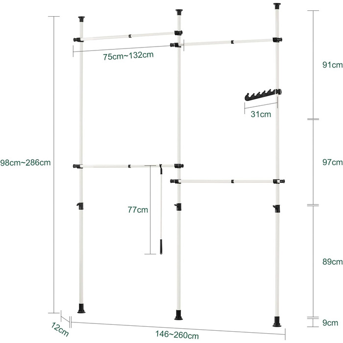 SoBuy KLS03-SCH Clothes Rack Coat Stand with 4 Clothes Rails Telescopic Wardrobe System Adjustable Shelf System Bra Approx. 124-226x200-285cm (White)