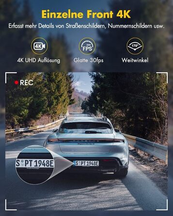 Відеореєстратор GKU Dashcam Auto: 4K+1080P, WiFi 2.4/5GHz, SD 64GB, Паркувальний режим, Нічне бачення, WDR, 170° Кут огляду, G-сенсор, Циклічна запис, Керування через APP, Чорний
