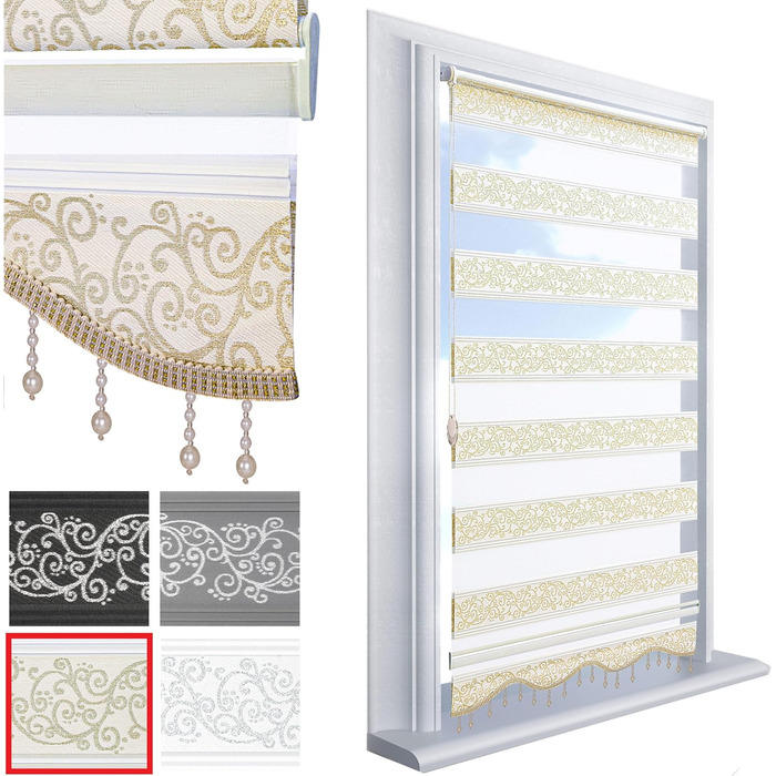 Double Roller Blind Klemmfix No Drilling White Silver 200 x 60 cm (Length x Width) Duo Roller Blind Blackout with Beads, Shimmers, Pleated Blind Window Door Zebra Blind Clamp Blind Side Pull Blind (Gold Beige, W50 x H200 cm)