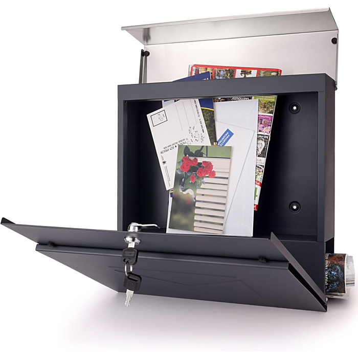 Поштовий ящик Verda з газетницею, нержавіюча сталь, антрацит, 37x37x11 см, з вікном, ключами та табличкою для імені - сучасний вуличний поштовий ящик