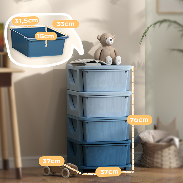 HOMCOM комод для дитячої кімнати, 4 ящики для іграшок, місце для зберігання іграшок, блакитний