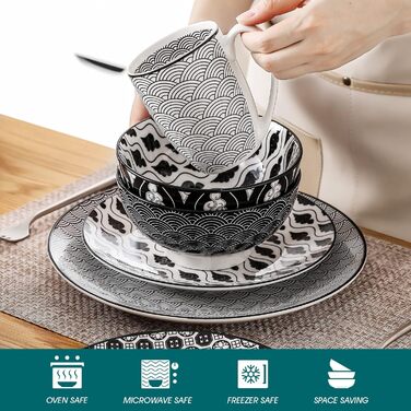 Набір посуду Vancasso Haruka 48 предметів: тарілки, миски, чашки (чорний + кремовий)