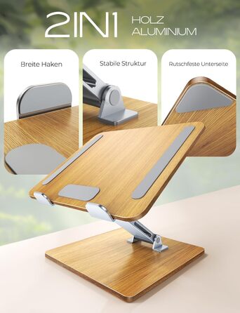 Підставка для ноутбука Holz + Aluminium, регульована, ергономічна, сумісна з MacBook Pro/Air, 10-16