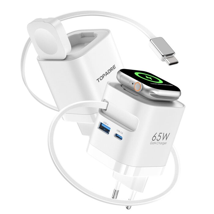 Зарядний пристрій 65W USB-C GaN з кабелями для Apple Watch, iPhone, iPad, MacBook, Samsung Galaxy - білий