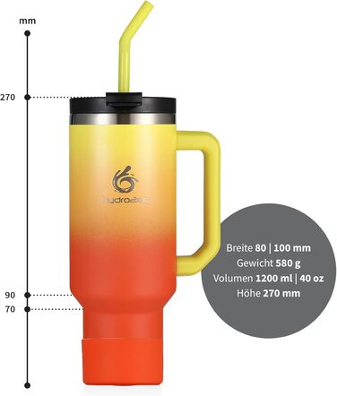 Термокружка Hydro2Go з трубочкою – BPA-free, придатна для миття в посудомийній машині, зберігає тепло 10 годин/холод 12 годин – 1200 мл, колір Sun