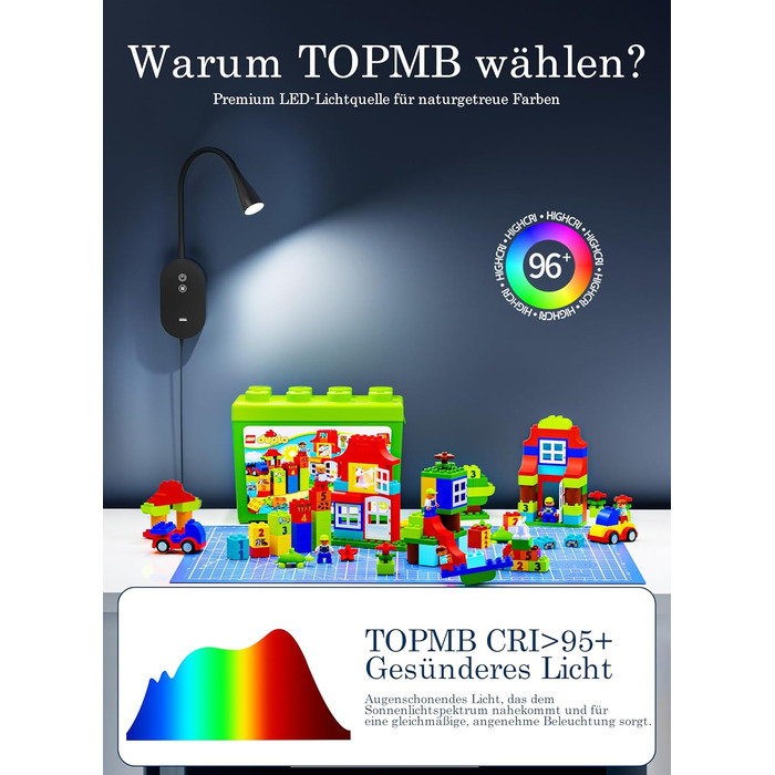 Нічна LED лампа для читання Wandleuchte з USB, 5 рівнів яскравості, сенсорне управління, гнучкий кронштейн, автовимкнення (Чорна)