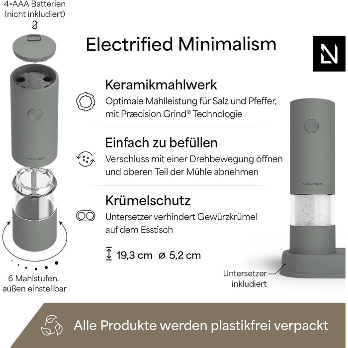 Електричні млини для солі та перцю LARS NYSØM (2 шт.) з регульованим керамічним подрібнювачем, працюють від AAA батарейок, сірий колір