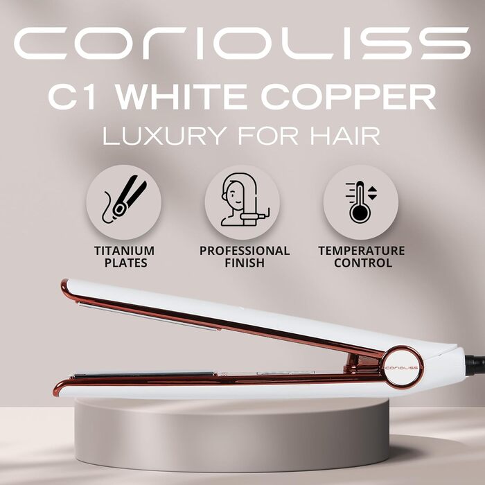 Випрямляч для волосся Corioliss C1 | Титанові пластини, регулювання температури | Для тонкого волосся (Білий Soft Touch Copper)