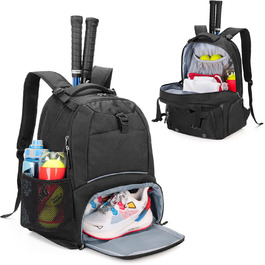 DSLEAF Tennis Backpack for 2 Rackets - Multi-Sport Bag with Ventilated Shoe Compartment - Tennis, Pickleball, Badminton, Squash - Black
