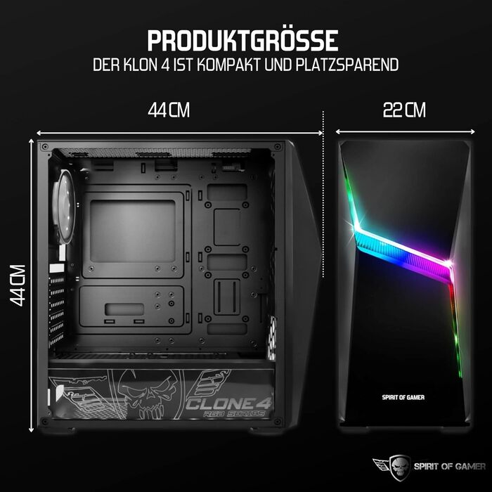 Корпус для ПК Spirit of Gamer Clone 4 RGB з прозорою стінкою з загартованого скла. Підтримує ATX/mATX/ITX. В комплекті 2 вентилятори 120 мм.