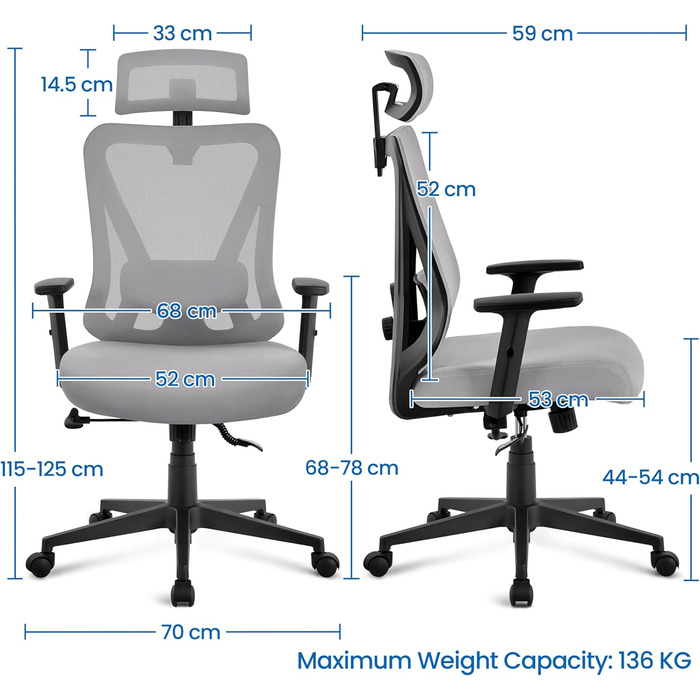 Офісне крісло Yaheetech з регульованою підголівником та підтримкою попереку, дихаюча сітчаста спинка, широке сидіння, S-подібна спинка, поворот на 360°, сірий колір