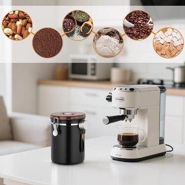 Каньора для кави 1 кг, нержавіюча сталь з дерев'яним декором, вакуумна каністра з CO2-клапаном, мірна ложка та індикатор дати, для кави, горіхів, какао