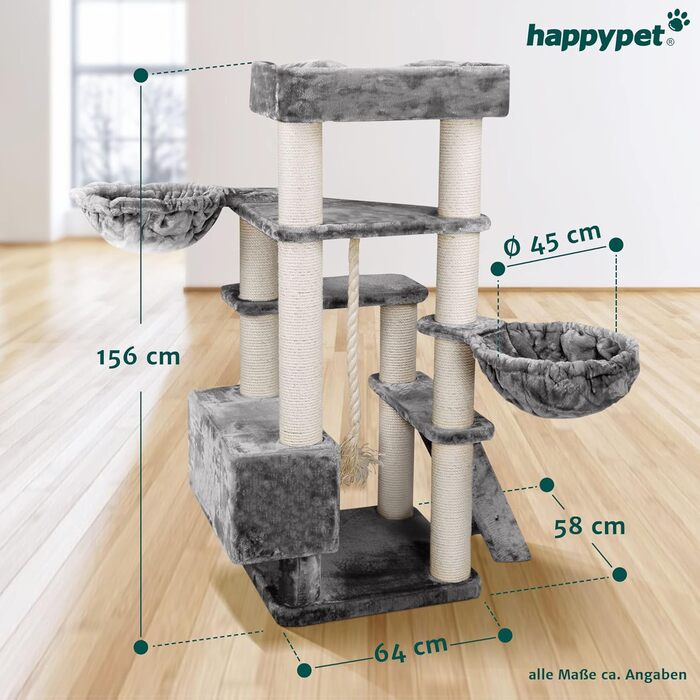 HAPPYPET Драбина для котів Jacob XXL - велика, стабільна, з сизалевими стовпчиками та масивною основою, ідеальна для великих порід, сірого кольору