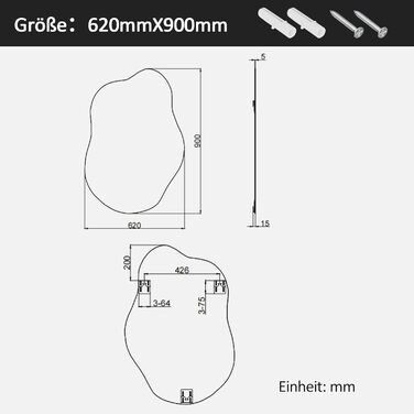 Дзеркало Boromal Spiegel чорного кольору 40x60 см з металевим обрамленням для ванної кімнати, туалетного приміщення, спальні (62 x 90 см, асиметричний стиль B)