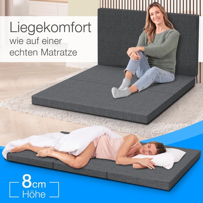 Складний матрац ELONEO maxVitalis 140x200 см з чохлом, 8 см, ортопедичний, для гостей, подорожей, складаний гостьовий матрац, знімний і праний чохол