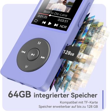MP3 плеєр AGPTEK 64GB Bluetooth 5.3 з динаміком, радіо FM, екран 1.8