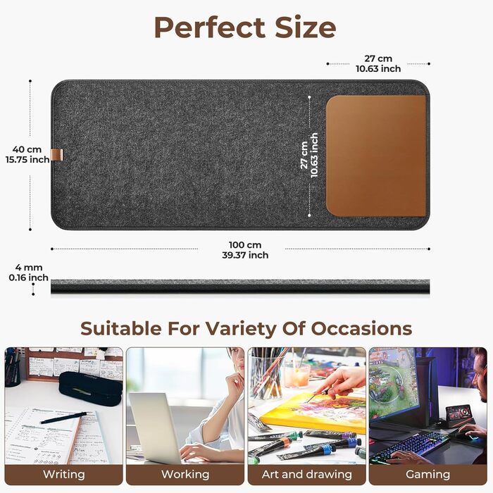 Підкладка на стіл з фетру, 100x40 см, антиковзаюча, XXL, для офісу та дому (темно-сіра)