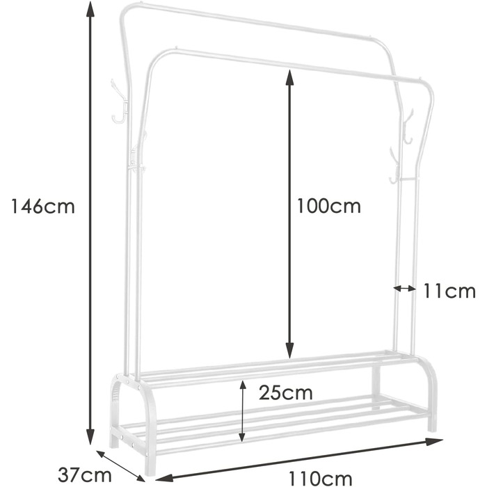 Стійка для одягу на підлозі з металу з полицею для взуття та нижньою полицею, для спальні. Металева стійка для одягу з подвійними вішалками (біла)