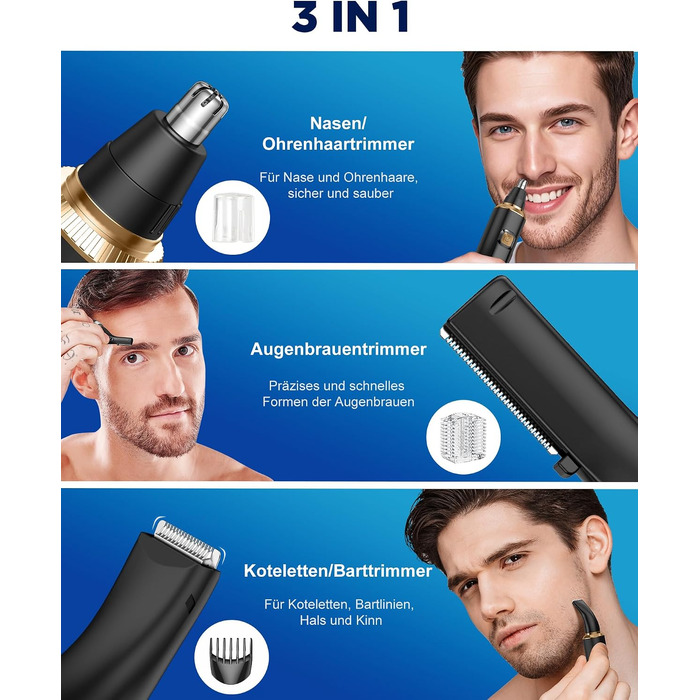 Триммер для носа, вух та брів Herren 3-в-1 з LED-дисплеєм, USB-C, IPX7 (Золотий)