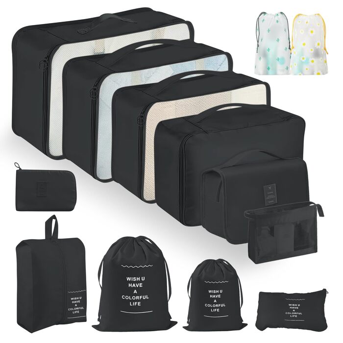 Набір органайзерів для валізи 13 шт., чорні Packing Cubes, водонепроникні дорожні органайзери для відпустки та подорожей