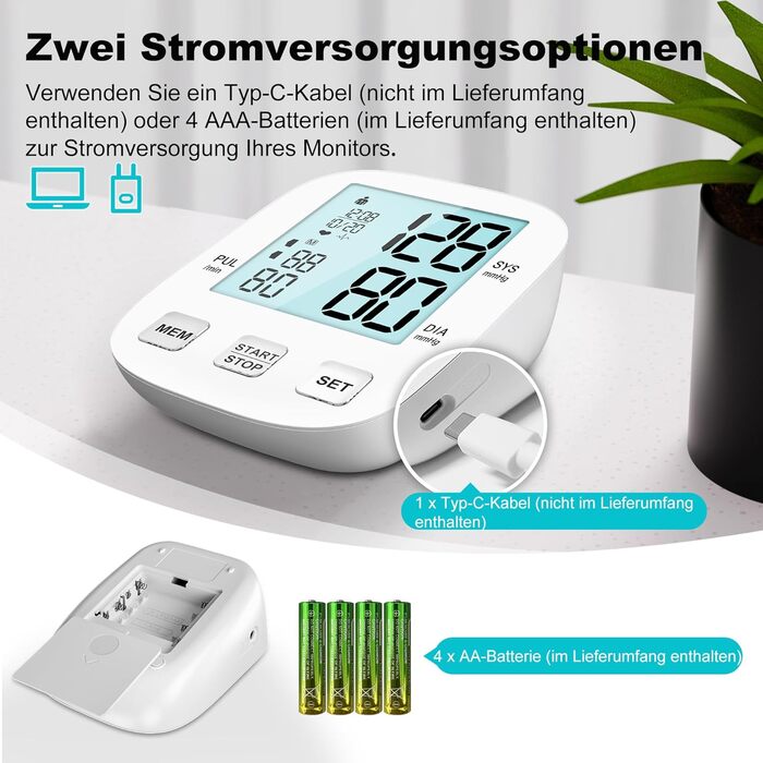 Цифровий тонометр на плече для дому, з регульованою манжетою та підсвічуванням дисплея (для людей похилого віку), білий