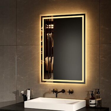 Дзеркало для ванної кімнати EMKE з підсвічуванням 40x60 см LED, антизапарник, холодний/теплий білий світ, з кнопкою, преміум-алюмінієва рама, IP44, енергозберігаюче