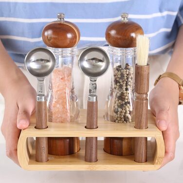 Набір для солі та перцю KKC з дерева, 8 дюймів, з регульованим керамічним механізмом, лопатки та щітка для дому та ресторану