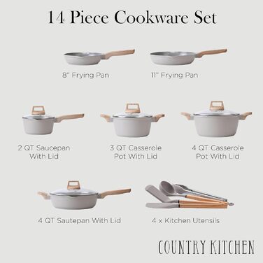 Набір посуду Country Kitchen 14 предметів: каструлі, сковороди, кухонні прилади. Антипригарне покриття, алюмінієвий литий посуд, кремовий колір